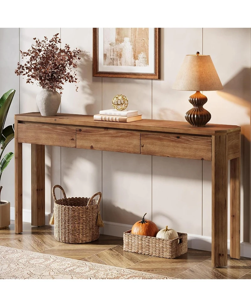 Tribesigns 63" Solid Wood Console Table with 3 Drawers, 63" Long Entryway Table with Rounded Corners, Narrow Sofa Table