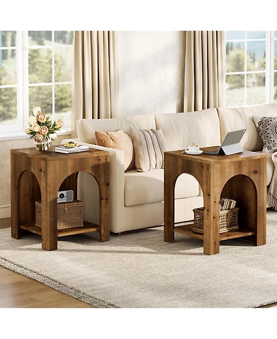 Tribesigns 2-Tier Storage Square Side Table Set of 2, Farmhouse Wooden End Table with Arch Design, Small Nightstand