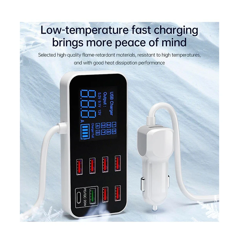 Artudatech 40W 8-Port Car Charger with PD20W Fast Charging and Digital Display