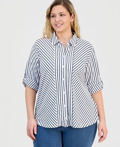 Style & Co Plus Striped Knit Roll-Tab Shirt, Macy's Exclusive