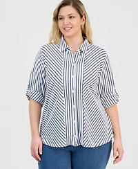 Style & Co Plus Striped Knit Roll-Tab Shirt, Macy's Exclusive