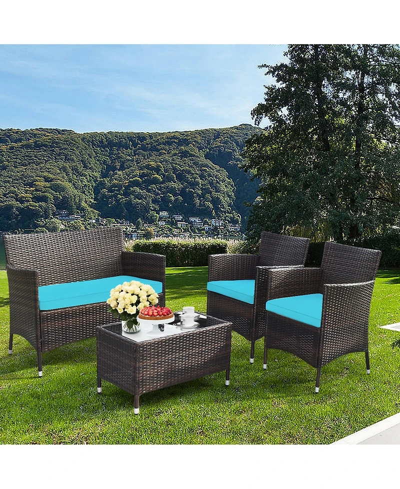 Gymax 4 Pieces Patio Rattan Conversation Furniture Set Outdoor w/ Cushion