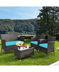 Gymax 4 Pieces Patio Rattan Conversation Furniture Set Outdoor w/ Cushion