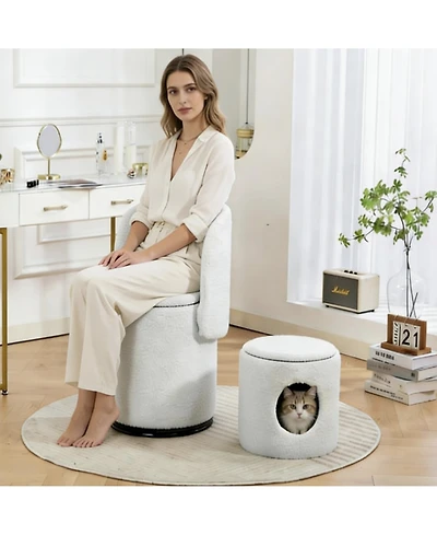 Rainsken 360 Swivel Vanity Chair, Soft Padded Makeup Stool, Multifunctional Dressing Chair with Storage, Free Cat Bed Stool Included