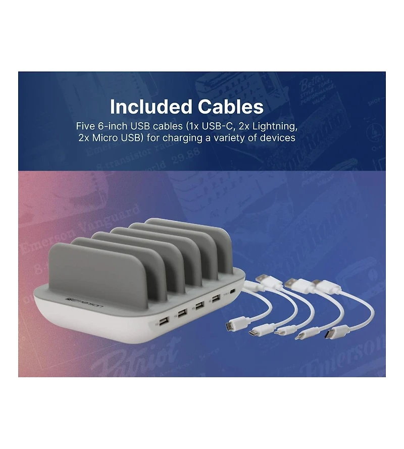 Emerson 5 Port Multi Device Usb Charging Station Hub with Charging Cables