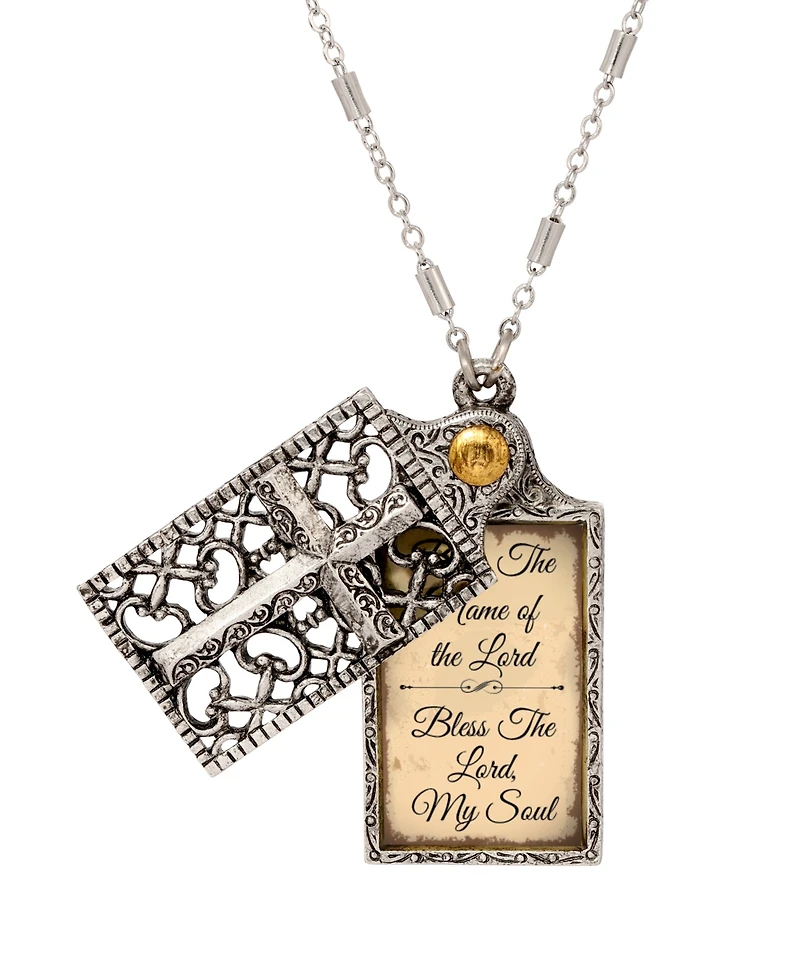 Symbols of Faith Silver Tone "Bless The Name." Rectangle Cross Locket 28" Necklace
