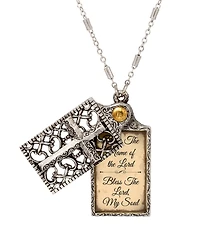 Symbols of Faith Silver Tone "Bless The Name." Rectangle Cross Locket 28" Necklace