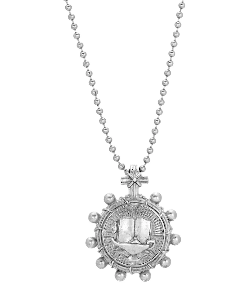 Symbols of Faith Pewter Round Black Enamel Cross and Lamp Design Necklace