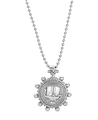 Symbols of Faith Pewter Round Black Enamel Cross and Lamp Design Necklace