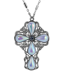 Symbols of Faith Silver Pewter-Tone Blue Ab Teardrop Crystal Pendant Cross 24" Necklace