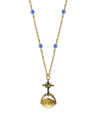 Symbols of Faith 14K Gold Dipped Blue Sapphire Cross Hail Mary Spinner Necklace