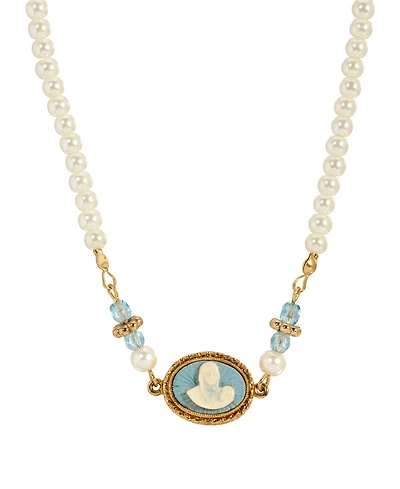 Symbols of Faith Gold-Tone Imitation Pearl Aqua Bead Chain Mary Child Cameo Necklace