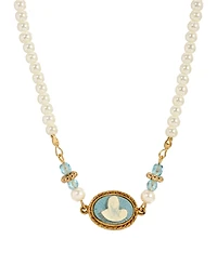 Symbols of Faith Gold-Tone Imitation Pearl Aqua Bead Chain Mary Child Cameo Necklace