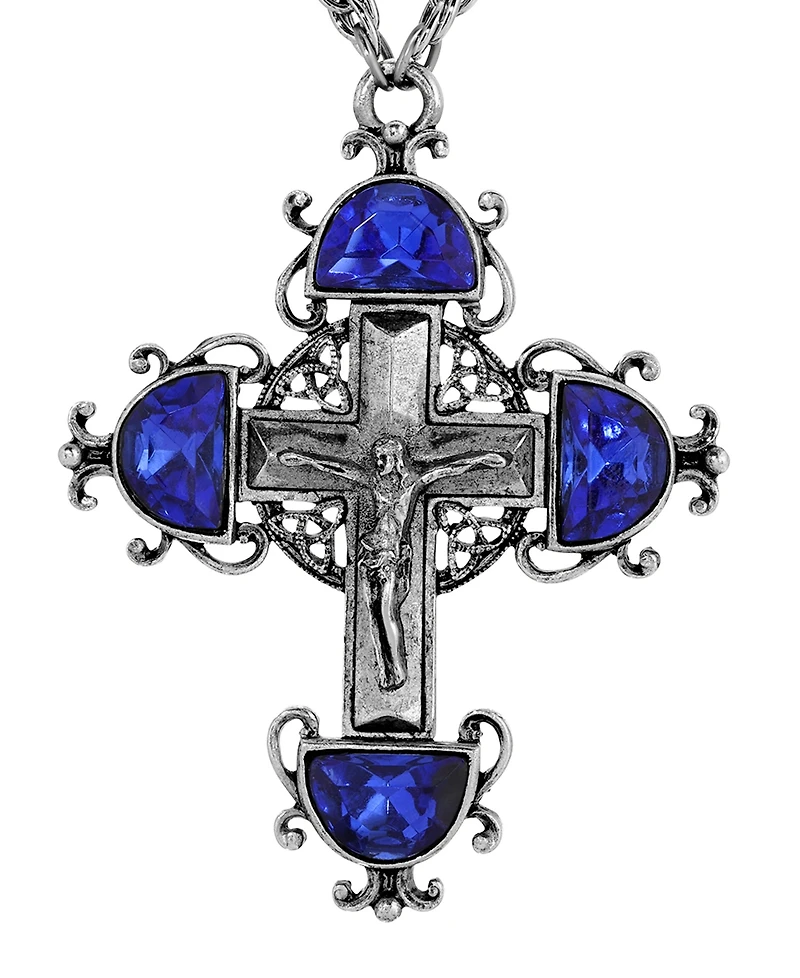 Symbols of Faith Silver Pewter-Tone Cross with Sapphire Crystals 28" Necklace