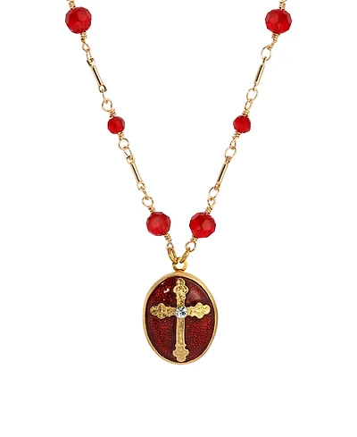 Symbols of Faith Gold Tone Siam Red Enamel Cross Oval Locket 16" Beaded Chain Necklace