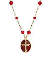 Symbols of Faith Gold Tone Siam Red Enamel Cross Oval Locket 16" Beaded Chain Necklace