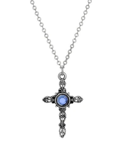 Symbols of Faith Silver-Tone Cross Center Sapphire Crystal 18" Necklace