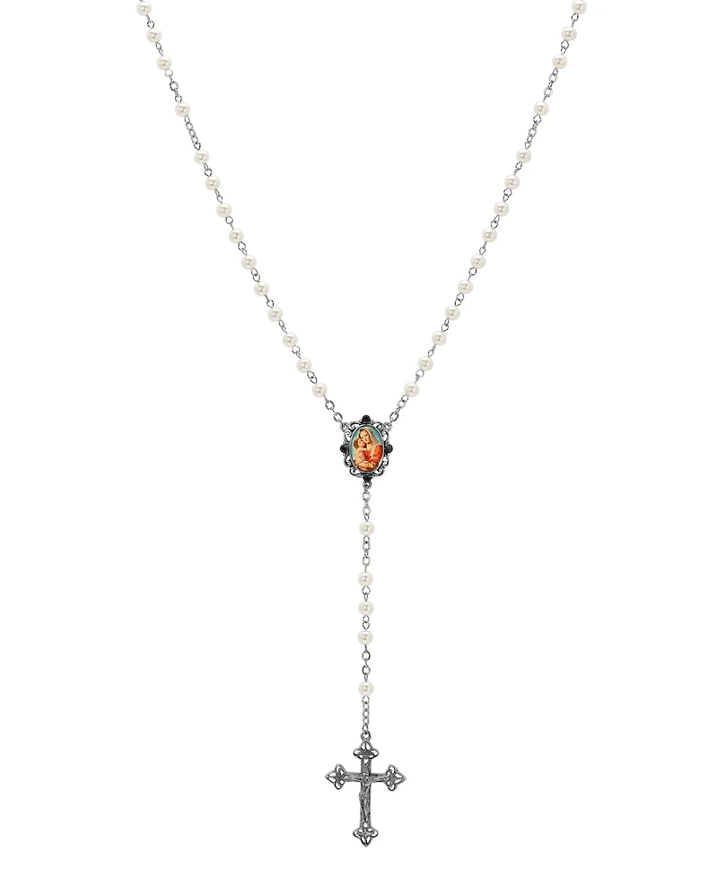Symbols of Faith Silver-Tone Crucifix Mary Child Decal Pearl Bead Rosary