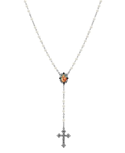 Symbols of Faith Silver-Tone Crucifix Mary Child Decal Pearl Bead Rosary