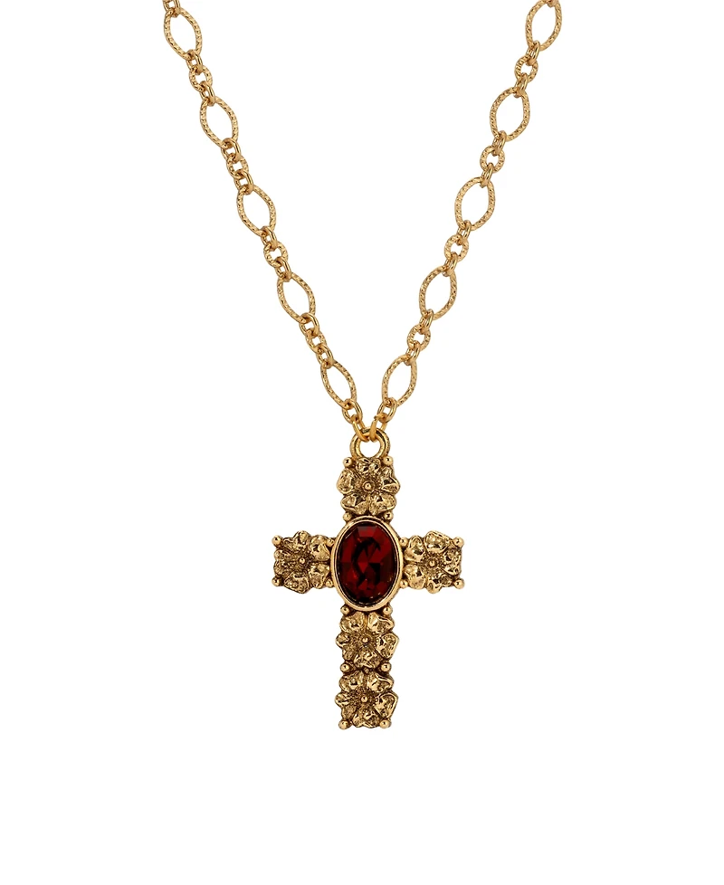 Symbols of Faith Gold-Tone Cross Garnet Oval Stone 28" Necklace