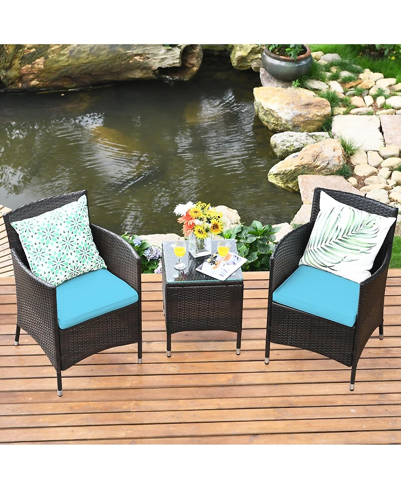Gymax 3PCS Patio Rattan Chair & Table Furniture Set Outdoor w/ Beige Cushion