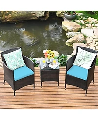 Gymax 3PCS Patio Rattan Chair & Table Furniture Set Outdoor w/ Beige Cushion