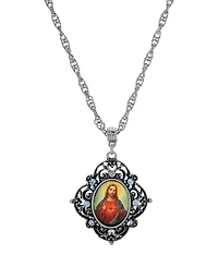Symbols of Faith Silver-Tone Oval Decal Jesus Pendant 18" Necklace
