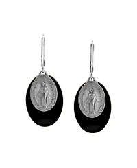 Symbols of Faith Silver Tone Oval Black Acrylic Stone Miraculous Medal Leverback Earrings