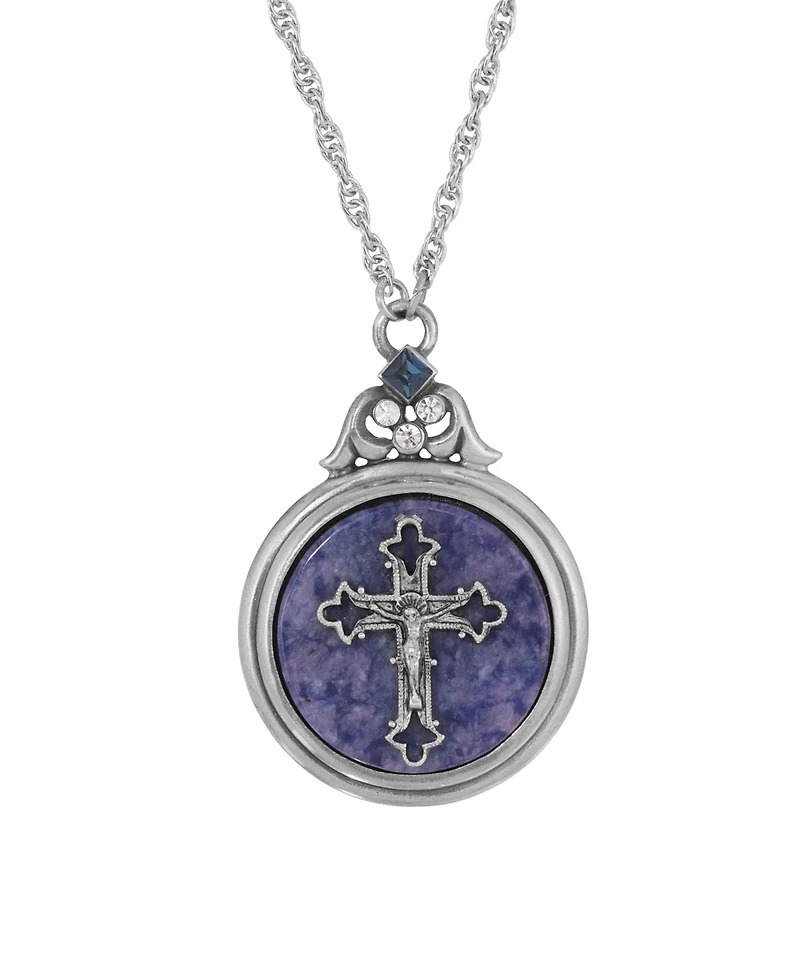 Symbols of Faith Pewter/Silver-Tone Blue And Sodalite Semi-Precious Stone Cross 28" Necklace
