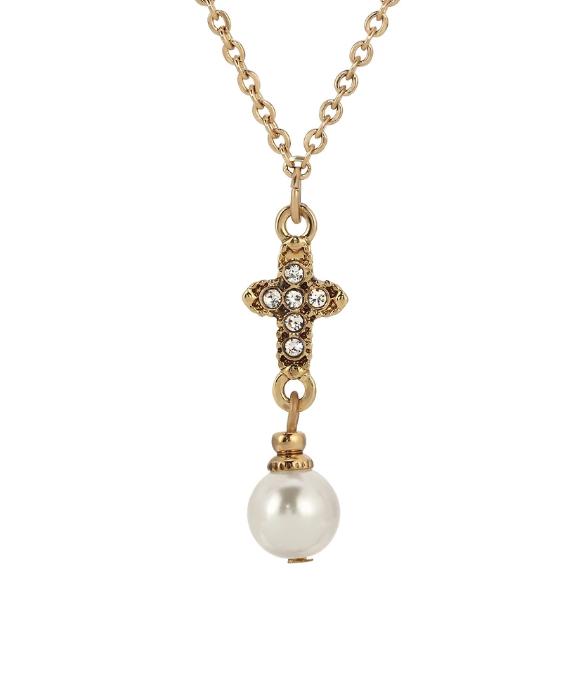 Symbols of Faith Gold-Tone Crystal Cross with Imitation Pearl Drop 16" Necklace