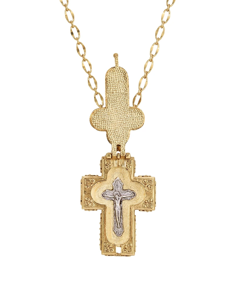Symbols of Faith 14K Gold Dipped Aqua Blue Moonstone Cross Locket Pendant 32" Necklace