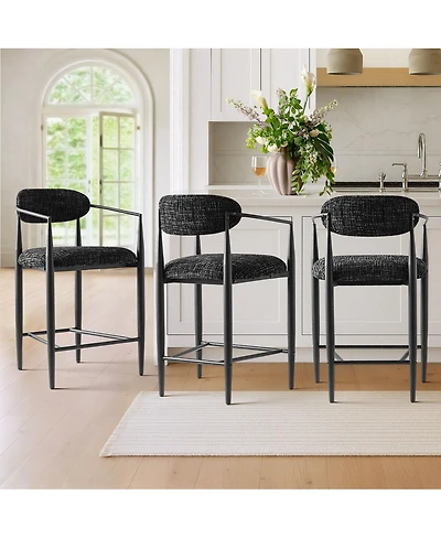 Maison Boucle Set of 3 Modern Chenille Counter Height Bar Stools with Arms