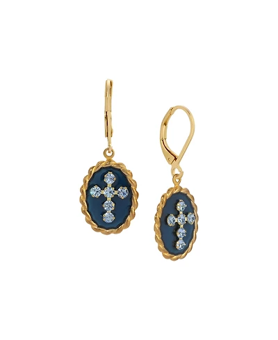 Symbols of Faith 14K Gold Dipped Blue Enamel Lt Sapphire Crystals Cross Leverback Earrings