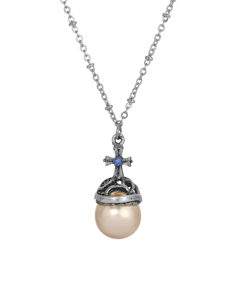 Symbols of Faith Silver-Tone Imitation Pearl Stone Blue Crystal Cross 16" Necklace
