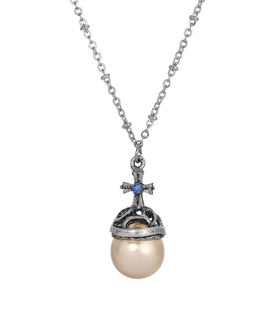 Symbols of Faith Silver-Tone Imitation Pearl Stone Blue Crystal Cross 16" Necklace