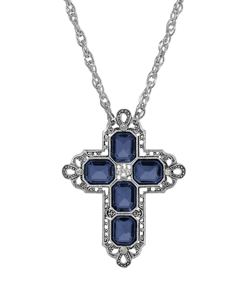 Symbols of Faith Pewter Rectangle Montana Crystal Cross Chain 20" Necklace