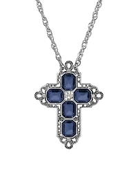 Symbols of Faith Pewter Rectangle Montana Crystal Cross Chain 20" Necklace