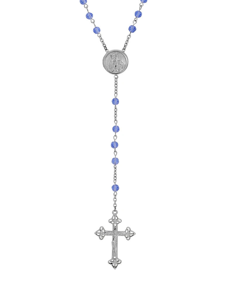 Symbols of Faith Silver Tone Blue Bead Virgin Mary Child Round Locket Rosary Necklace
