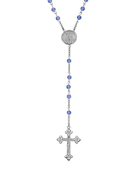 Symbols of Faith Silver Tone Blue Bead Virgin Mary Child Round Locket Rosary Necklace