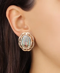 Symbols of Faith Gold Tone Oval Our Lady of Guadalupe Decal Clip Earrings