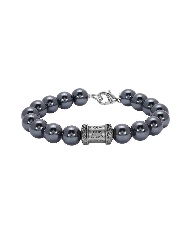 Symbols of Faith Silver-Tone Glass Black Imitation Pearl Prayer Bead Bracelet