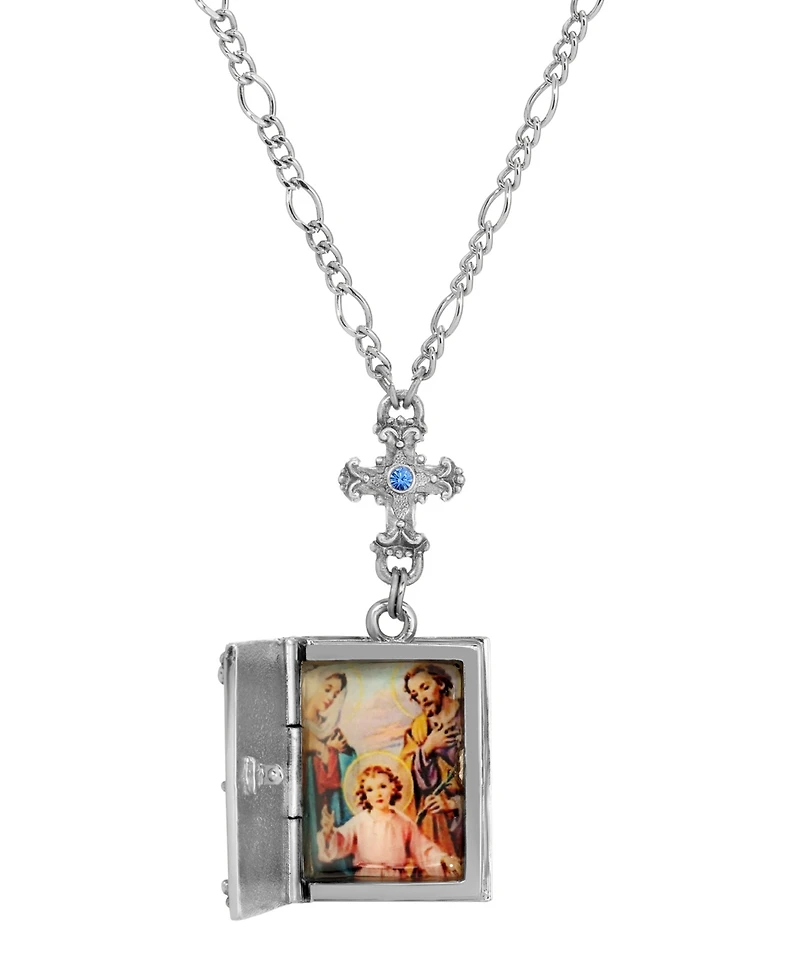 Symbols of Faith Silver Tone Cross Blue Sapphire Stone Bible Locket Holy Family 28" Necklace