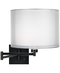 Franklin Iron Works Modern Swing Arm Wall Lamp Espresso Plug-In Light Fixture Double Sheer Silver White Drum Shade Bedroom Bedside
