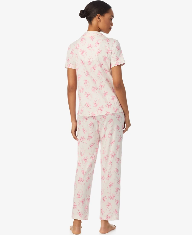 Lauren Ralph Women's Short-Sleeve Top and Ankle Length Pajama Pants, 2-Piece Set