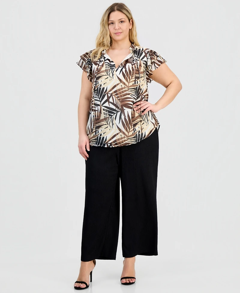 Anne Klein Plus Flutter-Sleeve Tie-Neck Top