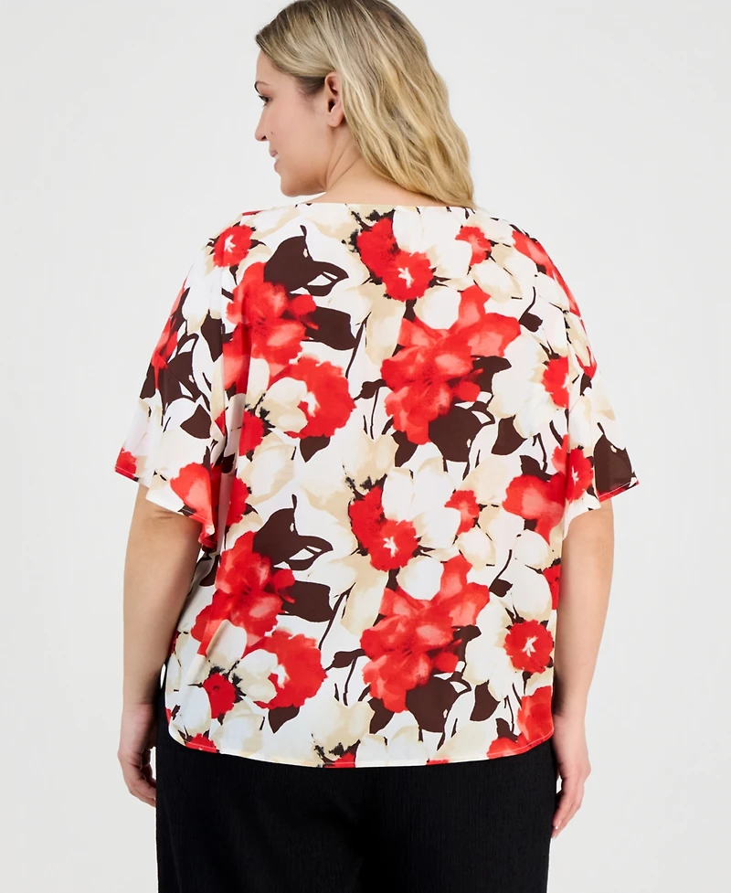 Anne Klein Plus Floral-Print Half-Sleeve Top