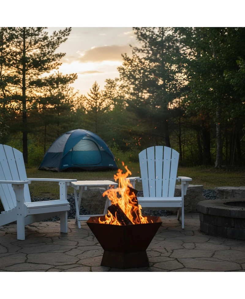 Outdoor Camping or Backyard Hexagon Rustic Affinity Fire Pit Bowl on Pedestal Stand - 23" - Oxidized Rust