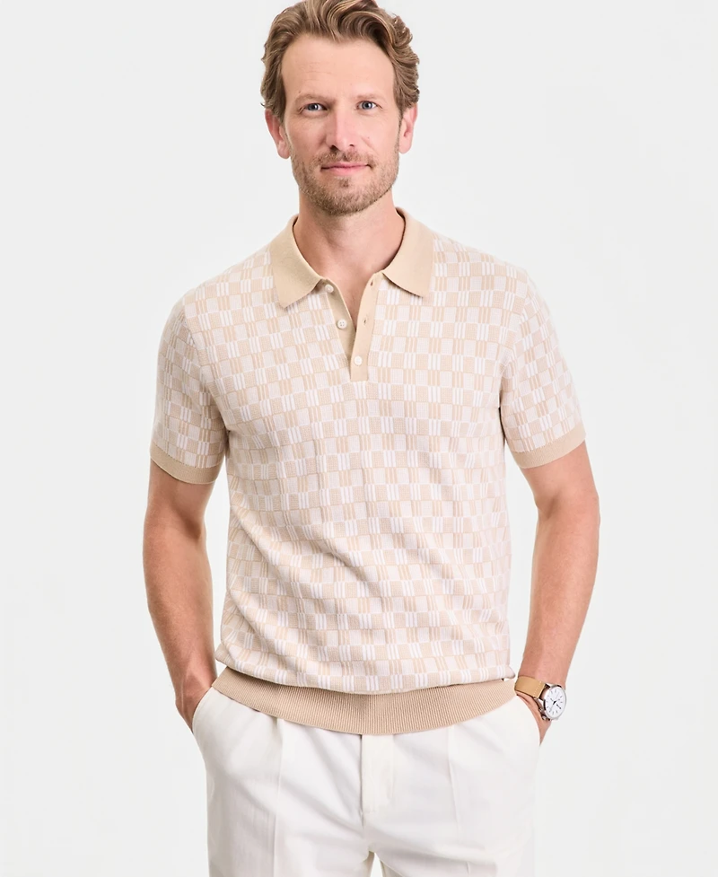 Club Room Men's Geometric Jacquard Short-Sleeve Sweater Polo Shirt, Macy's Exclusive - Tedd Box Geo Knit