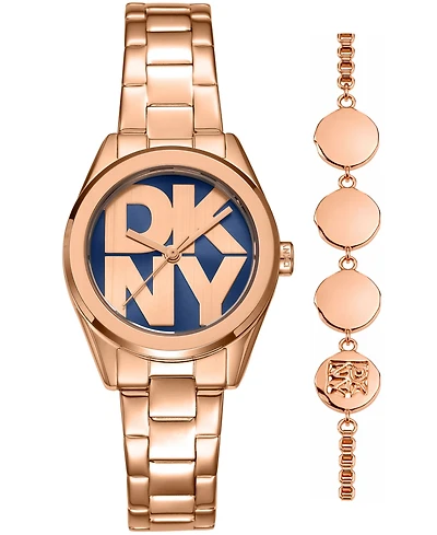 Dkny Women's Logo Quartz Rose Gold-Tone Stainless Steel Bracelet Watch 28mm Gift Set