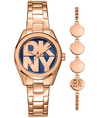 Dkny Women's Logo Quartz Rose Gold-Tone Stainless Steel Bracelet Watch 28mm Gift Set